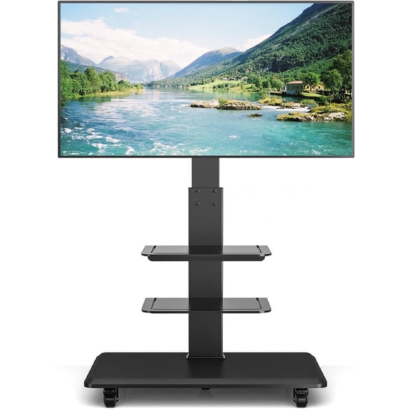 RTVR Modern Rolling TV Stand for Flat Screens up to 85 inch, 3 Shelves Mobile Swivel Tall TV Cart Home Office, Black