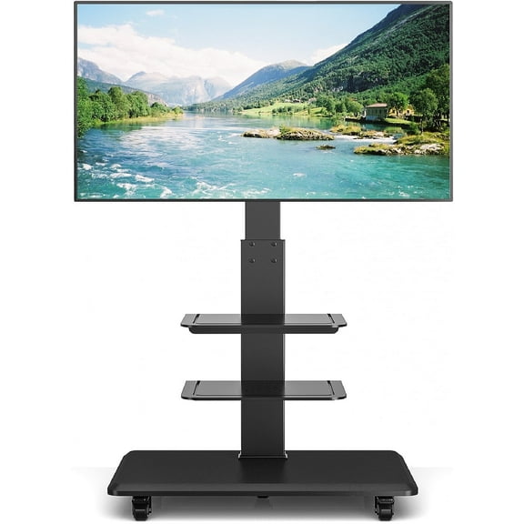 Modern Rolling TV Stand for Flat TVs up to 85 inch, 3 Shelves Home Office, Black