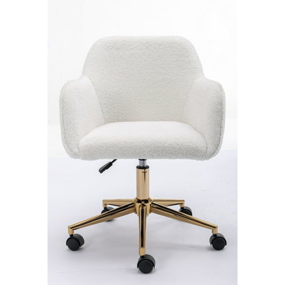 Modern Rolling Teddy Fabric Executive Office Chair with Adjustable Height and 360 Revolving, Swivel Accent Back Armchair with Wheels and Golden Base, Upholstered Vanity Chair, White