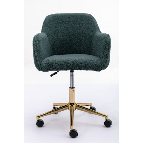 Modern Rolling Teddy Fabric Executive Office Chair with Adjustable Height and 360 Revolving, Swivel Accent Back Armchair with Wheels and Golden Base, Upholstered Vanity Chair, Green