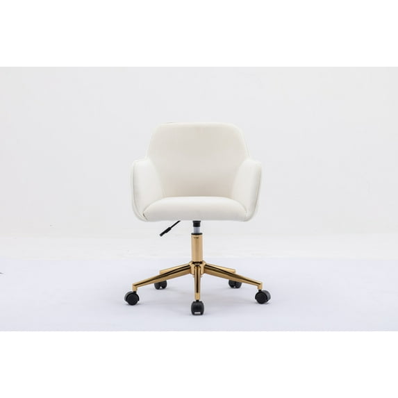 Modern Rolling Velvet Fabric Executive Office Chair with Adjustable Height and 360 Revolving, Swivel Accent Back Armchair with Wheels and Golden Base, Upholstered Vanity Chair, Ivory