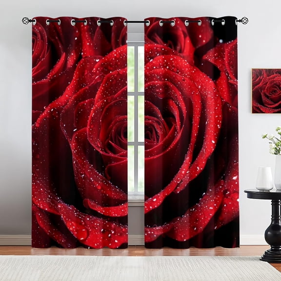 Modern Romantic Red Rose Flower Blackout Curtain Panels For Living Room, Fresh White Water Drops Print Curtains, Darkening Window Drapes For Kitchen Hotel 21"W x 45"L (Pack of 2)