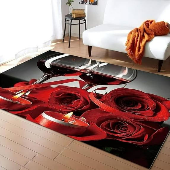 Modern Romantic Rose Area Rug, Valentine's Day Rose Wine Non Slip Living Room Rug, Stain Resistant Durable Carpet For Indoor Bedroom Office Decor Mat 2x3ft
