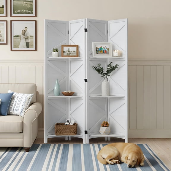 Modern Room Divider with Shelves, White X-Shape Design Folding Partition, 4-Panel Contemporary Freestanding Divider for Bedroom&Office, 67" H x 64" W