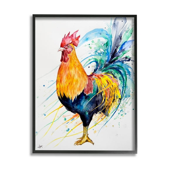 Modern Rooster Rainbow Splatter Animals & Insects Graphic Art Black Framed Art Print Wall Art