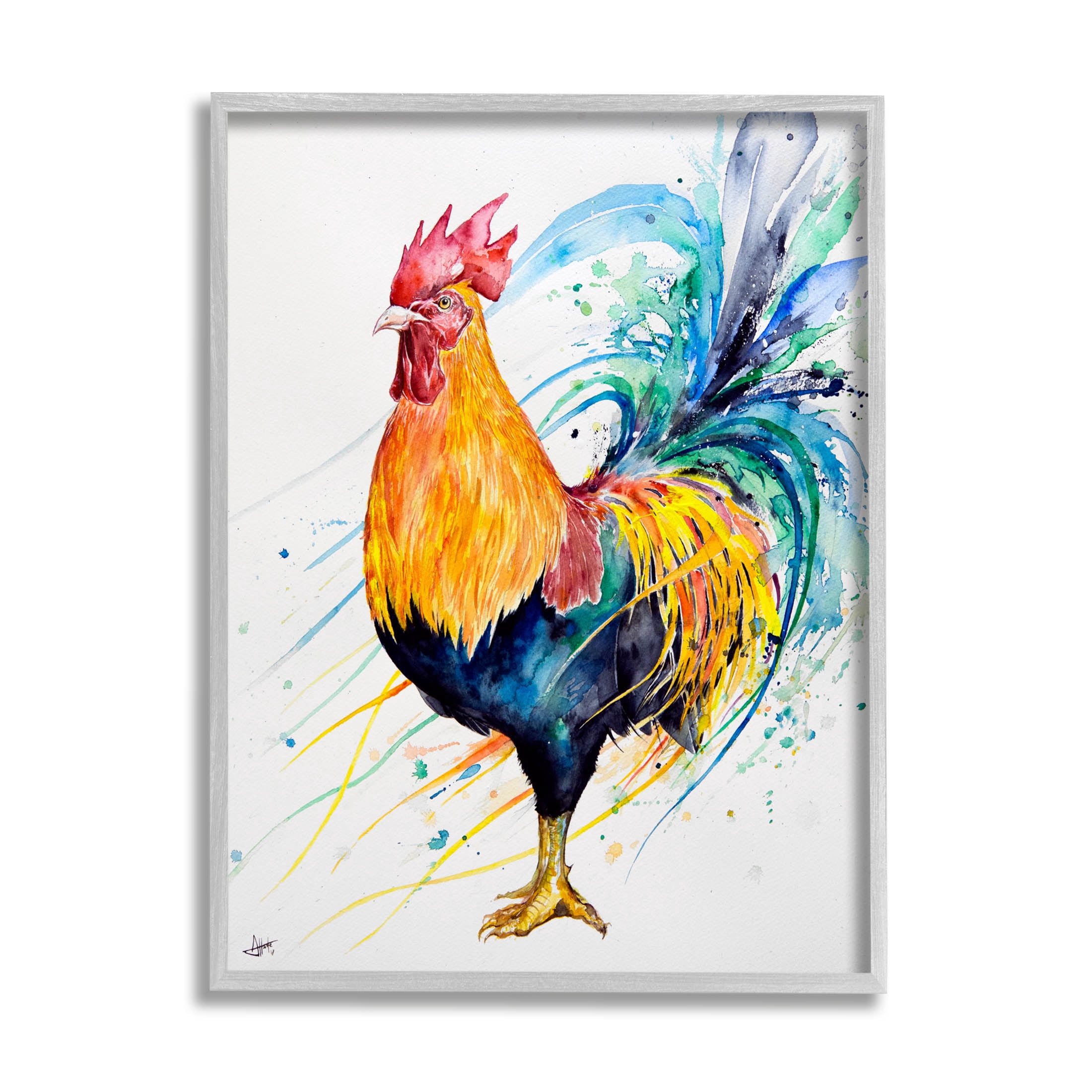 Modern Rooster Rainbow Splatter Animals & Insects Graphic Art Gray Framed Art Print Wall Art