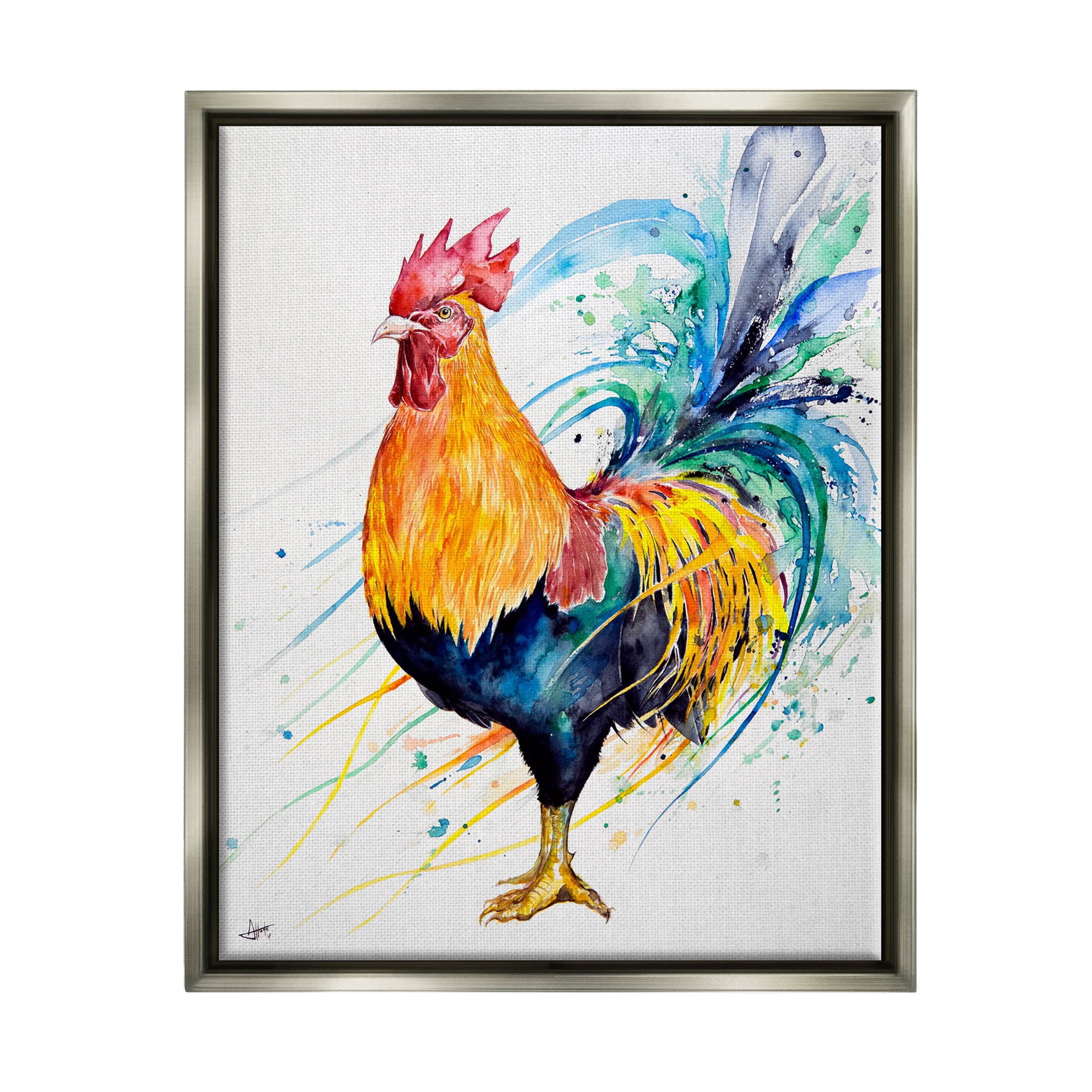 Modern Rooster Rainbow Splatter Animals & Insects Graphic Art Luster Gray Framed Art Print Wall Art