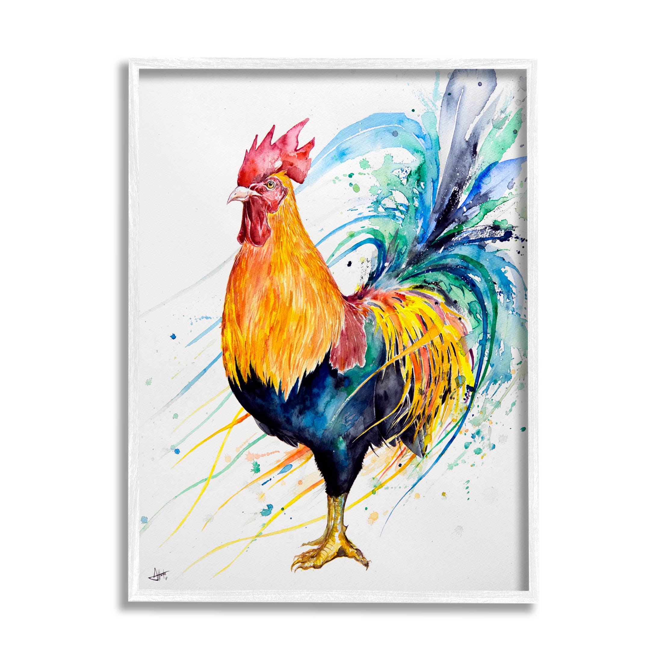 Modern Rooster Rainbow Splatter Animals & Insects Graphic Art White Framed Art Print Wall Art