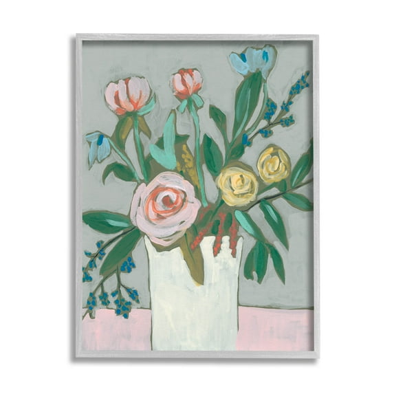 Modern Rose Blossoms Bouquet Botanical & Floral Painting Gray Framed Art Print Wall Art