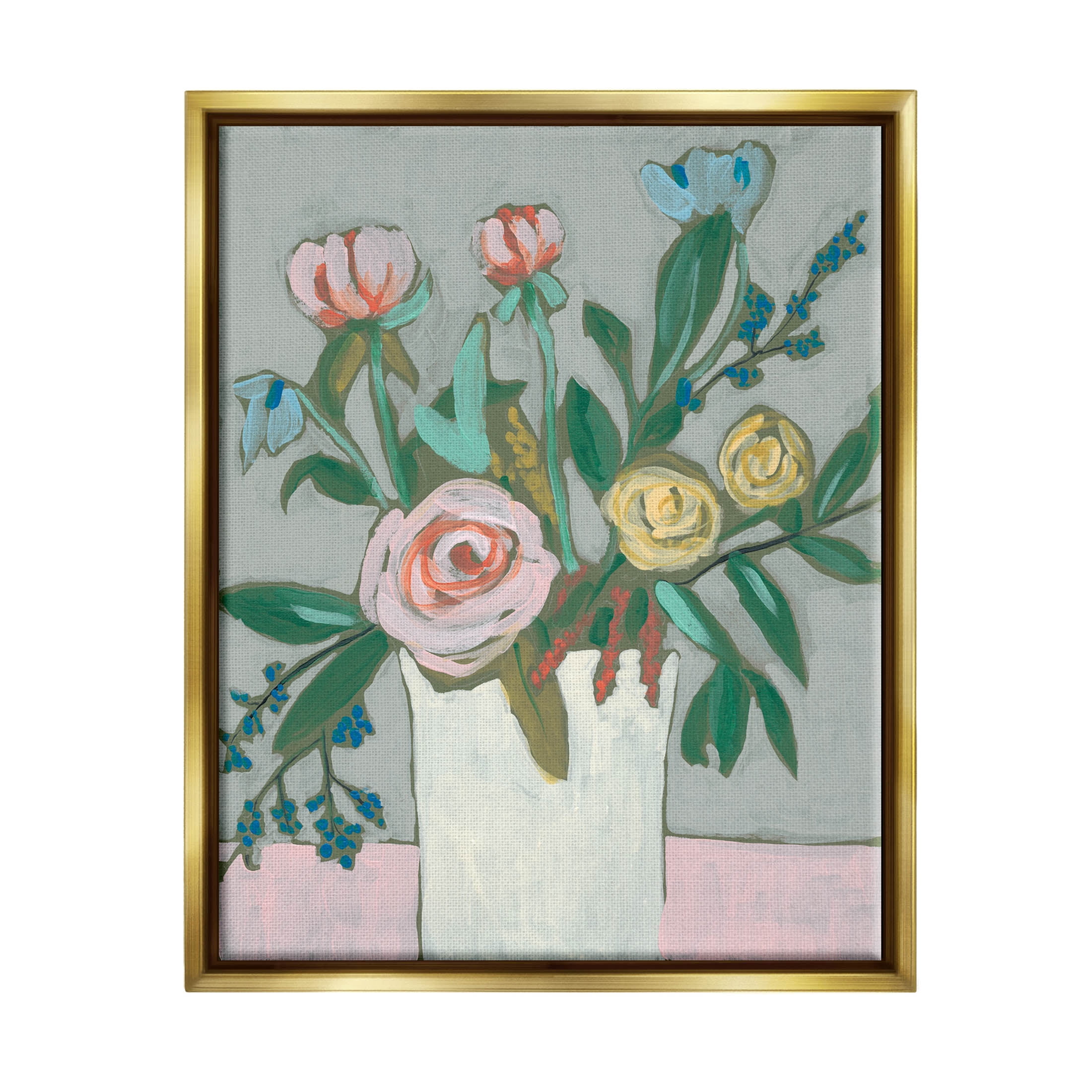 Modern Rose Blossoms Bouquet Botanical & Floral Painting Metallic Gold Framed Art Print Wall Art