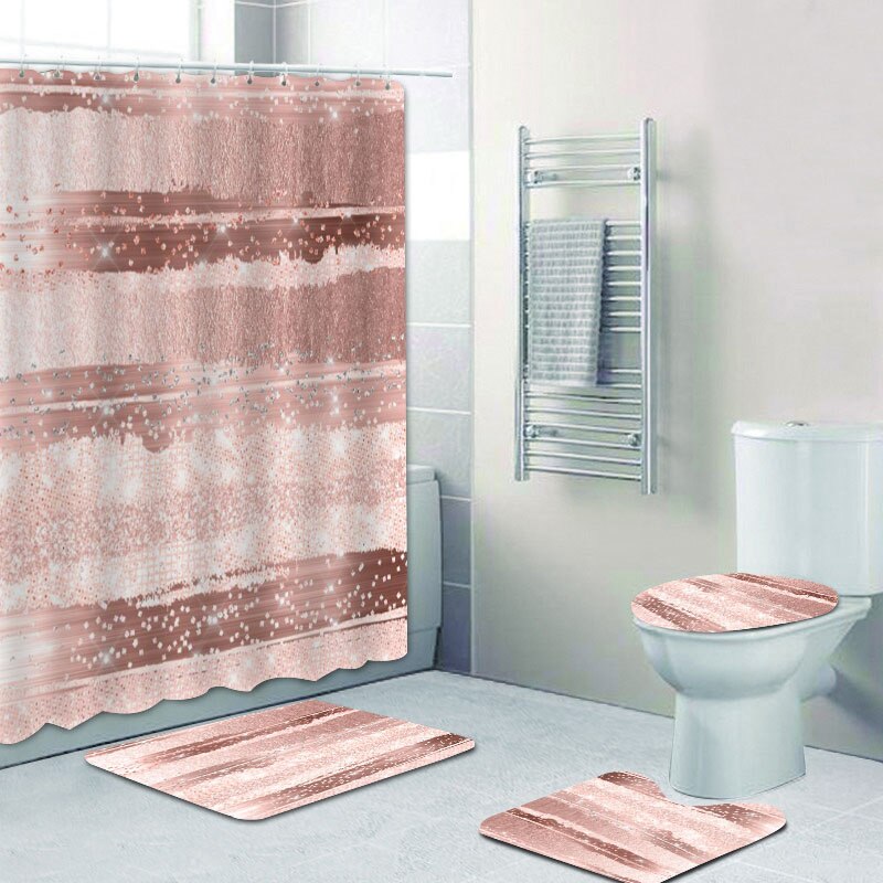 Modern Rose Gold Strokes Lines Shower Curtain Bath Curtain Set Glitter