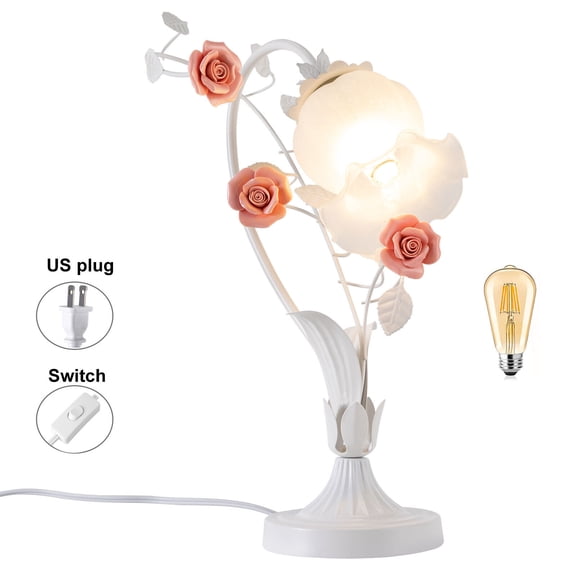 Modern Rose Shaped Table Lamp, Flower Shape Bedside Desk Light Fixture, Tabletop Electric Lamp White& Pink