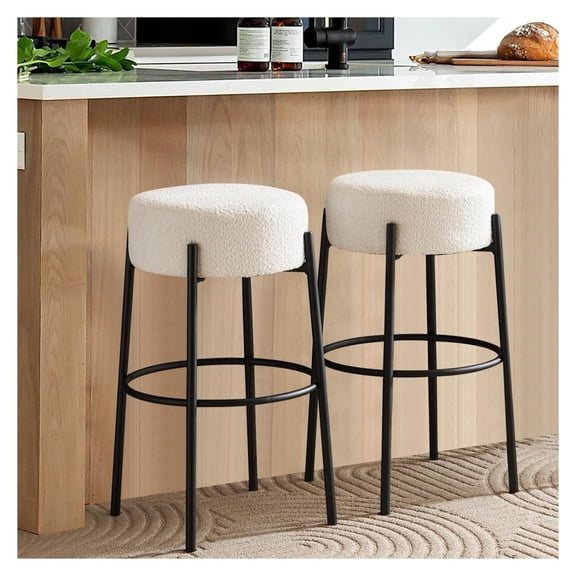 Modern Rotatable Bar Stools Set of 2, 30" Swivel Counter Height Stools with Round Soft Padded Boucle Backless Seat, White