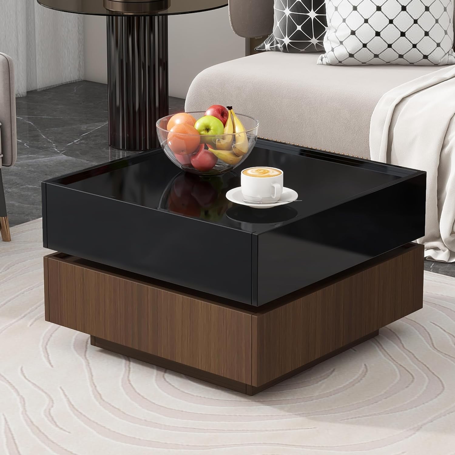 Modern Rotating Coffee Table with 2 Drawers, High Gloss 2Tier Center