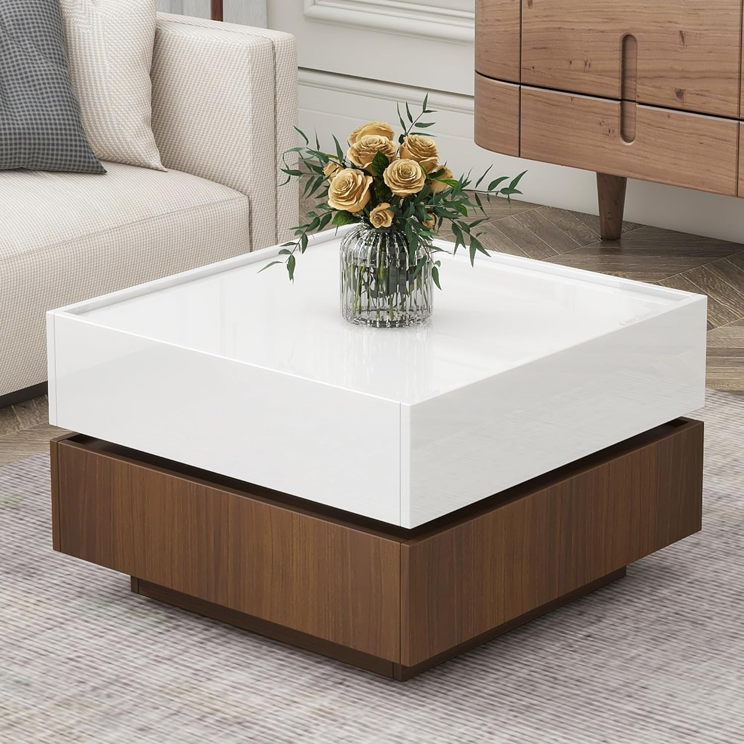 Modern Rotating Coffee Table with 2 Drawers High Gloss Center Table