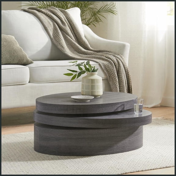 Modern Rotating Matte Black Coffee Table - Space-Saving Multi-Functional Living Room Centerpiece