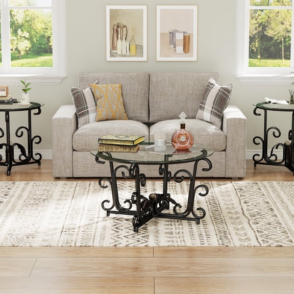Modern Round 3-Piece Coffee Table Set 1 Coffee Table 2 End Tables with Tempered Glass Top Metal Frame Scratch Resistant Easy to Clean for Home Small Space Living Room,Black