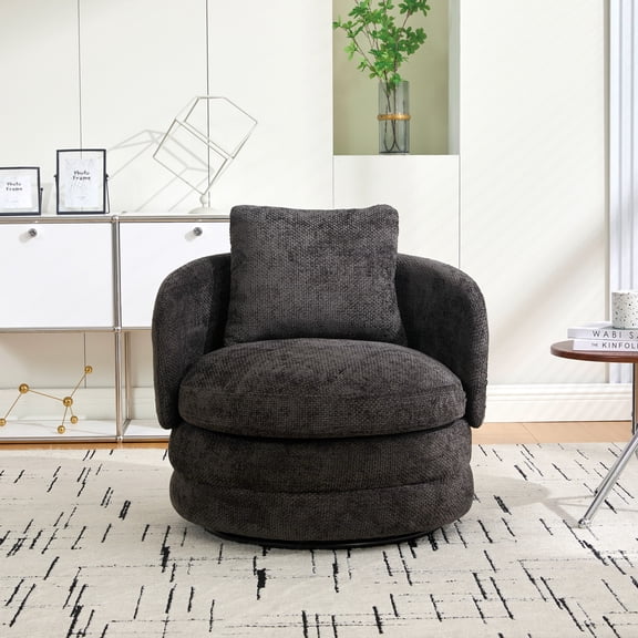 Modern Round 360° Swivel Barrel Accent Chair, Chenille Upholstered Comfy Barrel Armchair with Pillow, Single Club Sofa Chair for Living Room, Bedroom, Reading Nook, Dark Gray