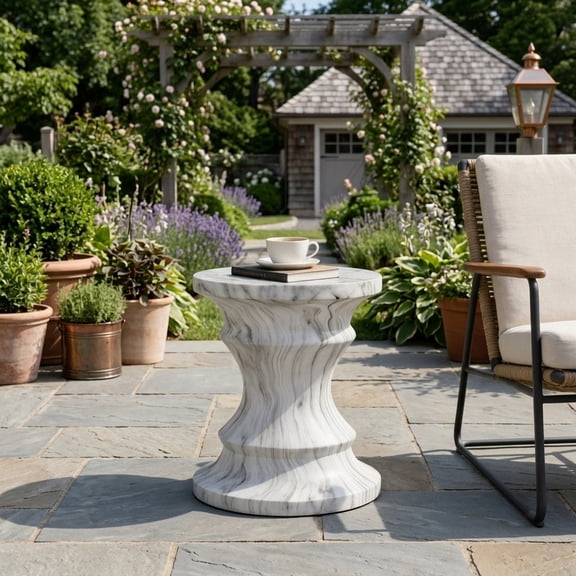 Modern Round Accent Table - Faux Terrazzo Garden Stool for Patio or Indoor Use