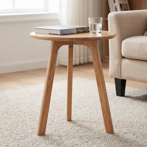 Modern Round Accent Table, Solid Oak Wood End Table with Non-Slip Feet, Sturdy 3-Leg Side Table, Compact Nightstand Coffee Table for Bedroom Living Room