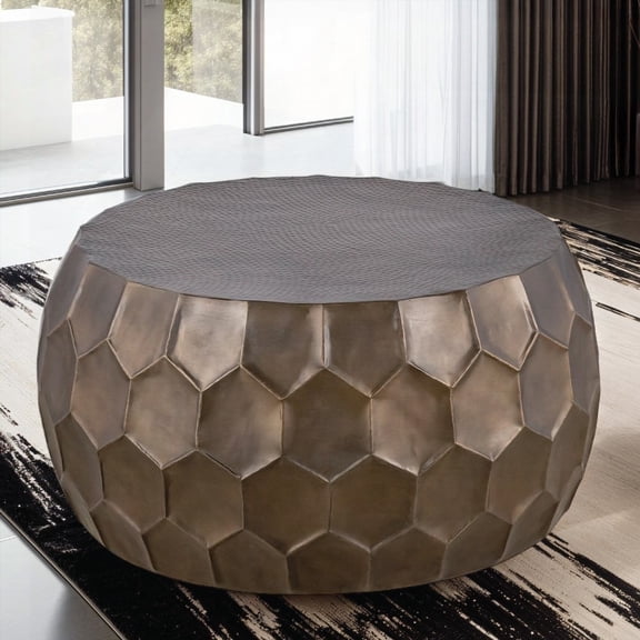 Modern Round Aluminum Coffee Table 32" with Glossy Diamond-Patterned Base, Gold (NJ Inventory)