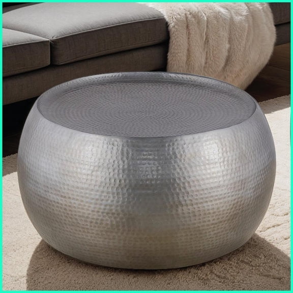 Modern Round Aluminum Coffee Table for Living Room, 32" Antique Silver Handcrafted, No Assembly Needed