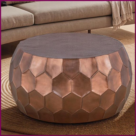 Modern Round Aluminum Coffee Table with Copper Base, 32” Diameter, No Assembly & Easy to Clean