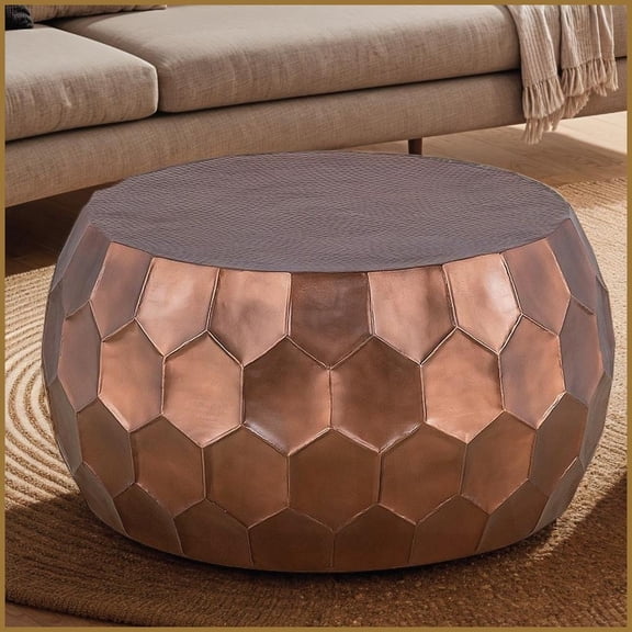 Modern Round Aluminum Coffee Table with Copper Base, Easy-Clean & No Assembly Needed for Living Room