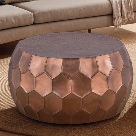 Modern Round Aluminum Coffee Table with Glossy Diamond-Patterned Base, 32" in Size