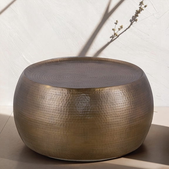 Modern Round Aluminum Coffee Table with Glossy Hand Hammered Design in Antique Gold (32")