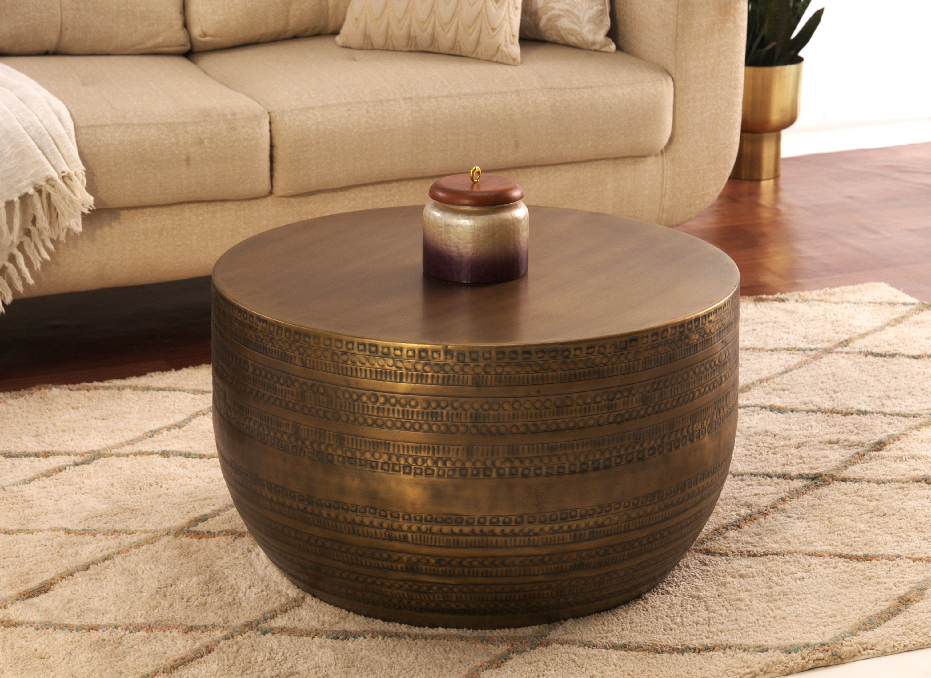 Modern Round Aluminum Hammered Embossed Texturing Metal Drum Coffee Table, Hand-Stamped Iron, Boho Accent Cylinder Drum Coffee Table, Cocktail Table,Brass