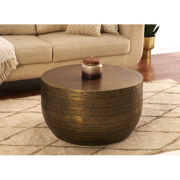 Modern Round Aluminum Hammered Embossed Texturing Metal Drum Coffee Table, Hand-Stamped Iron, Boho Accent Cylinder Drum Coffee Table, Cocktail Table,Brass