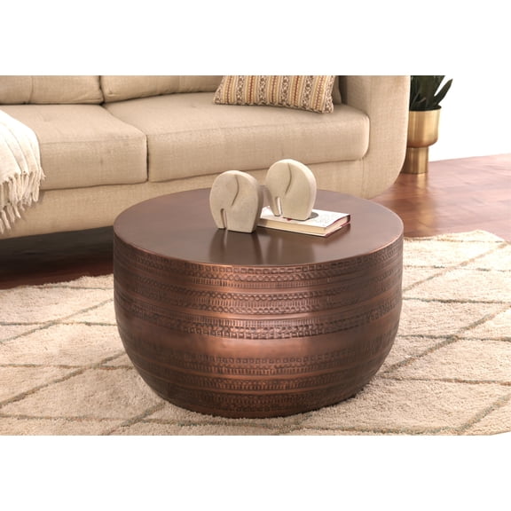 Modern Round Aluminum Hammered Embossed Texturing Metal Drum Coffee Table, Hand-Stamped Iron, Boho Accent Cylinder Drum Coffee Table, Cocktail Table, Copper