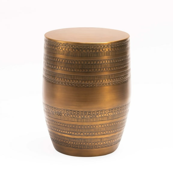 Modern Round Aluminum Hammered Embossed Texturing Metal Side Coffee Table, Hand-Stamped Iron, Boho Accent Side Table, Drum Shaped Fully Assembled, for the Living Room and Bedroom, Brass color