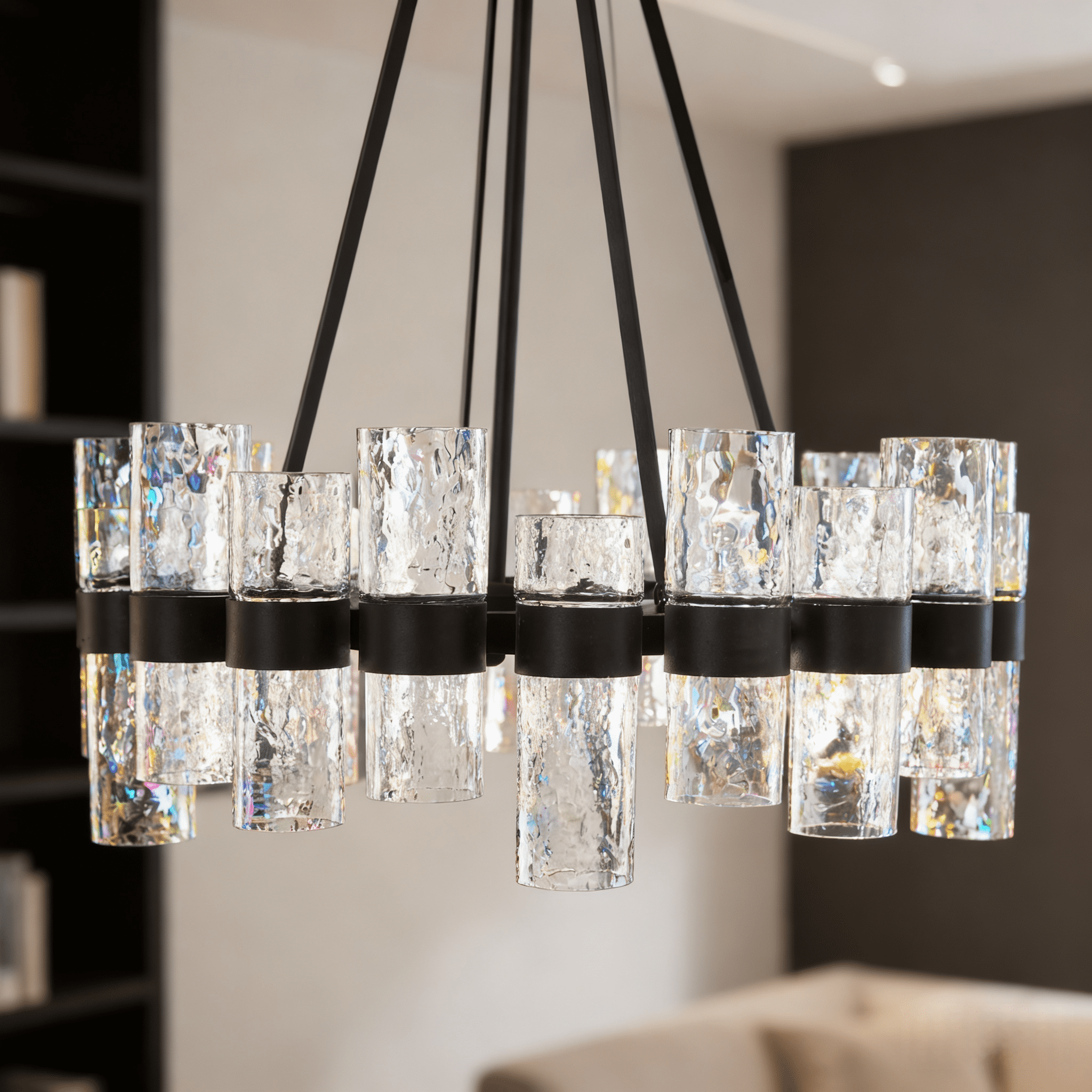 Modern Round Crystal Chandelier - 37 Inch 8-Light Black Water Ripple Design For High Ceilings - View #3