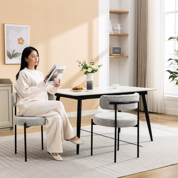 Modern Round Boucle Dining Chairs, Set of 2 / Comfortable Seating for Dining Room