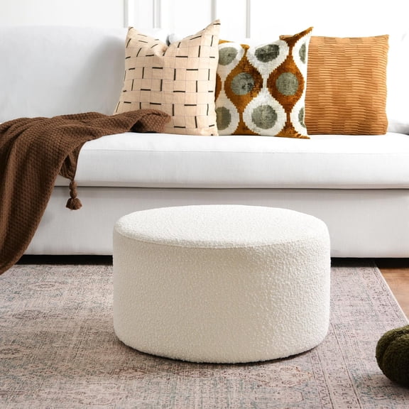 Modern Round Boucle Upholstered Ottoman with Soft Padded Seat, Multi-Functional Sofa Footrest, Side Table, Extra Seating for Living Room, Bedroom, Entryway (24