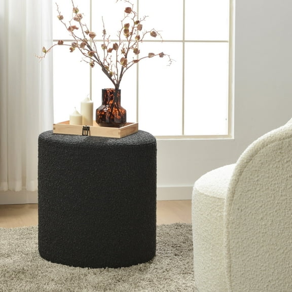 Modern Round Boucle Upholstered Ottoman with Soft Padded Seat, Multi-Functional Sofa Footrest, Side Table, Extra Seating for Living Room, Bedroom, Entryway (Black, 18" D x 18" W x 18.3" H)
