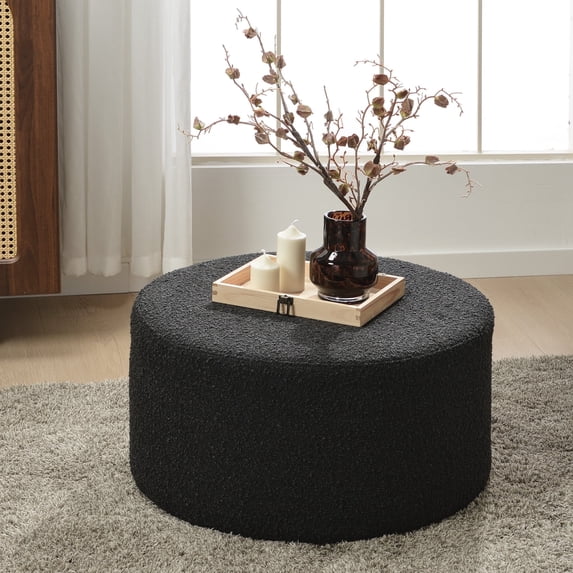 Modern Round Boucle Upholstered Ottoman with Soft Padded Seat, Multi-Functional Sofa Footrest, Side Table, Extra Seating for Living Room, Bedroom, Entryway (Black, 24" D x 24" W x 13" H)