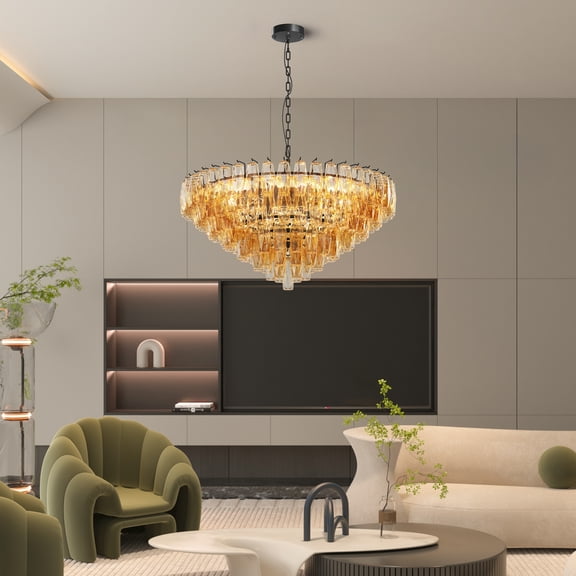Modern Round Chandelier, 37" Extra Large Black Chandeliers for Dining Room, 14-Light with Tiered Smoke Glass Tubes Ceiling Light, Pendant Lighting Fixture for Living Room Bedroom Kitchen Island