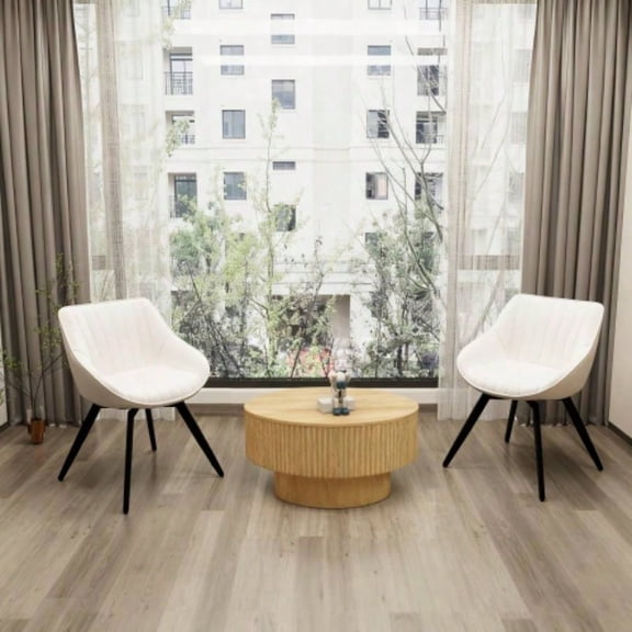 Modern Round Coffee Table 29.53 Inch with 2 PU Dining Chairs, Ring-Striped Design, Black Metal Legs