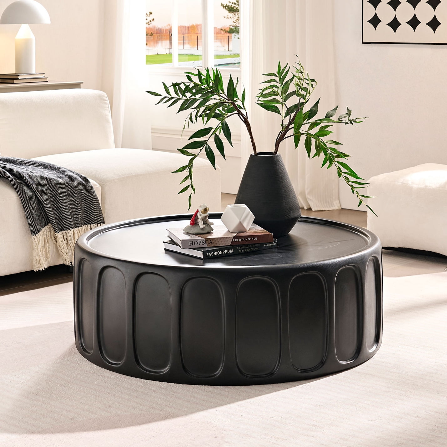 Modern Round Coffee Table, 35.43'' Fiberglass Design with Raised Edge ...