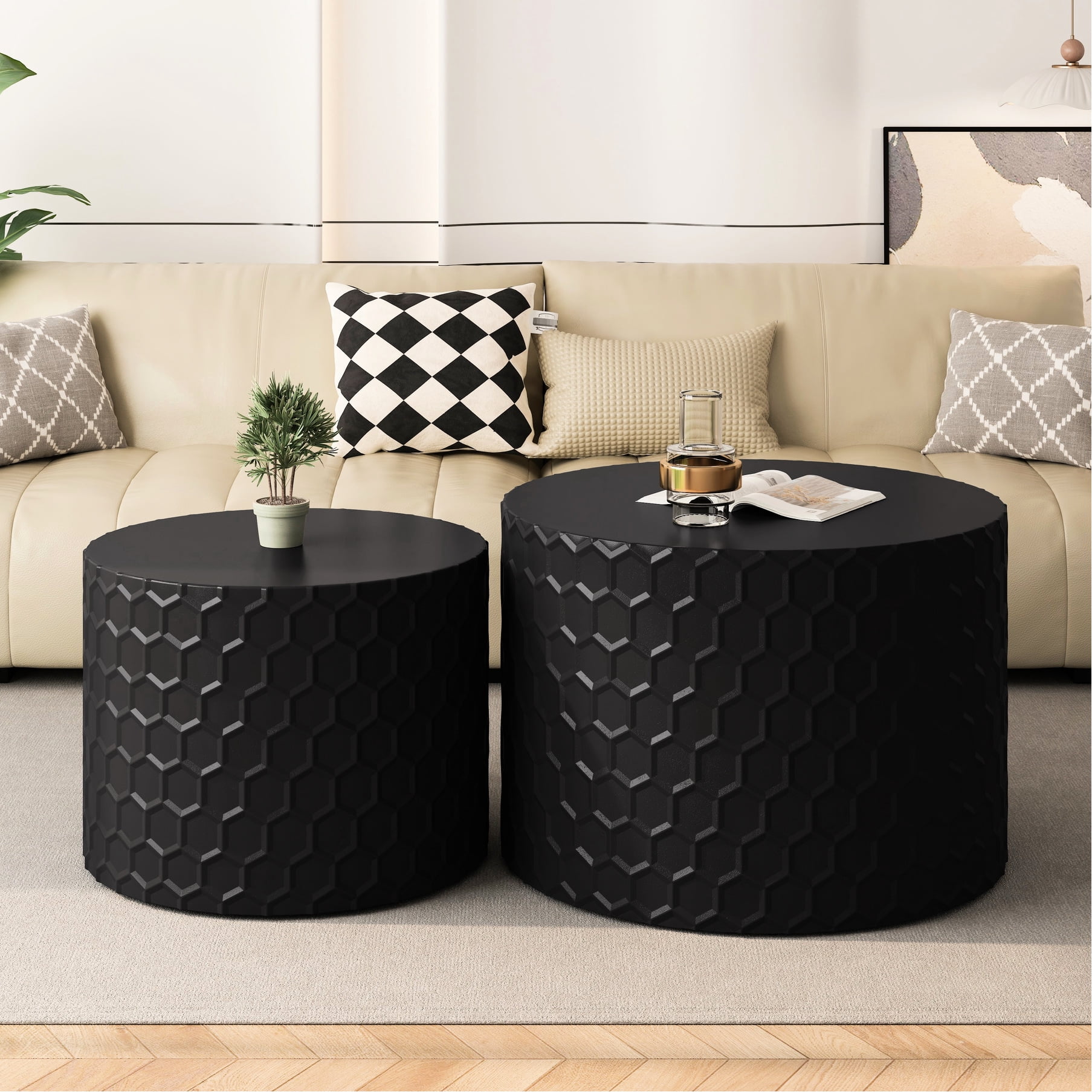 Modern Round Coffee Table In Black, Stylish Nesting With Honeycomb ...