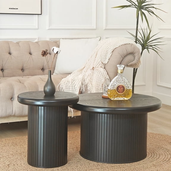 Modern Round Coffee Table Set - Dual Table & Fluted Leg Design, Minimalist Furniture