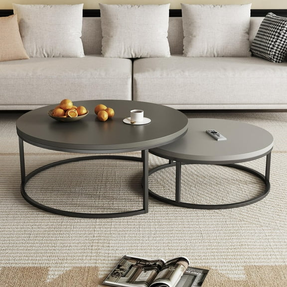 gaoyangjiaju Modern Round Coffee Table Set, Nesting Cocktail Tables with Black Metal Legs, Dark Gray/Light Gray, Easy Assembly, 31.5/23.7 Inches, Perfect for Living Room, Bedroom, or Lounge