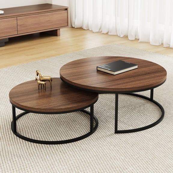 Modern Round Coffee Table Set, Nesting Cocktail Tables with Black Metal Legs, Walnut Wood Finish, Easy Assembly, 31.5/23.7 Inches, Perfect for Living Room, Bedroom, or Lounge
