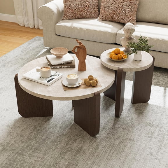 Modern Round Coffee Table & Side Table Set, Faux Marble Wood Top, Walnut & Cream White Legs, Minimalist Living Room Center & Accent Table(2 PCS)
