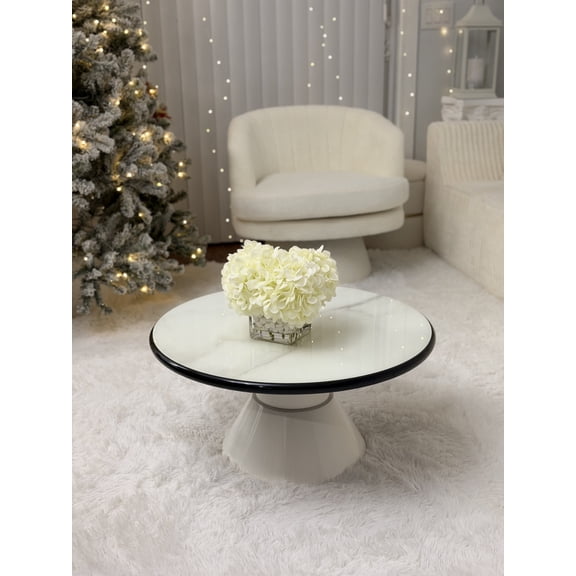 Modern Round Coffee Table with Stone-Pattern Tempered Glass Top, Minimalist Center Tea Table with Chunky Sturdy Pedestal Base for Living Room, Easy Assembly, Cream White
