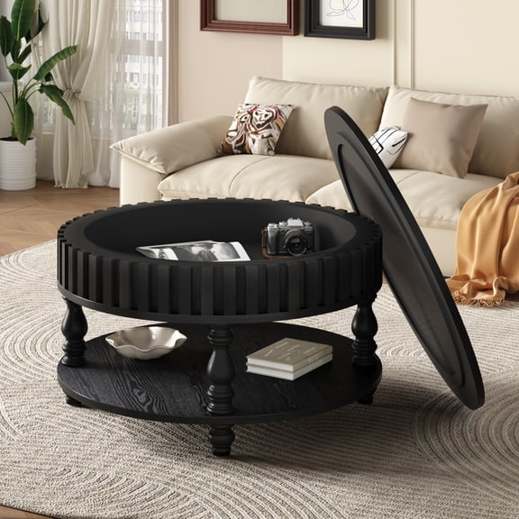 Modern Round Coffee Table with Storage and Lower Shelf, Fluted Center Table with Flip-Top Lid, End Table with Solid Wood Legs for Living Room Apartment, Black