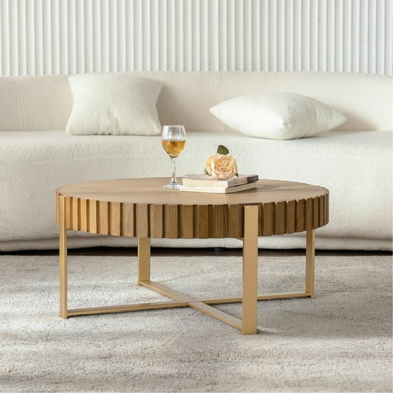Modern Round Coffee Table With Handmade Grooves For Living Room Wooden Relief Contemporary